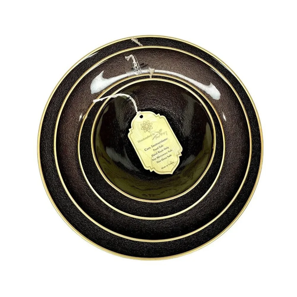 Turkish Glass 6 Entree Dinner Plates Set Brown Textured Gold Rim 11